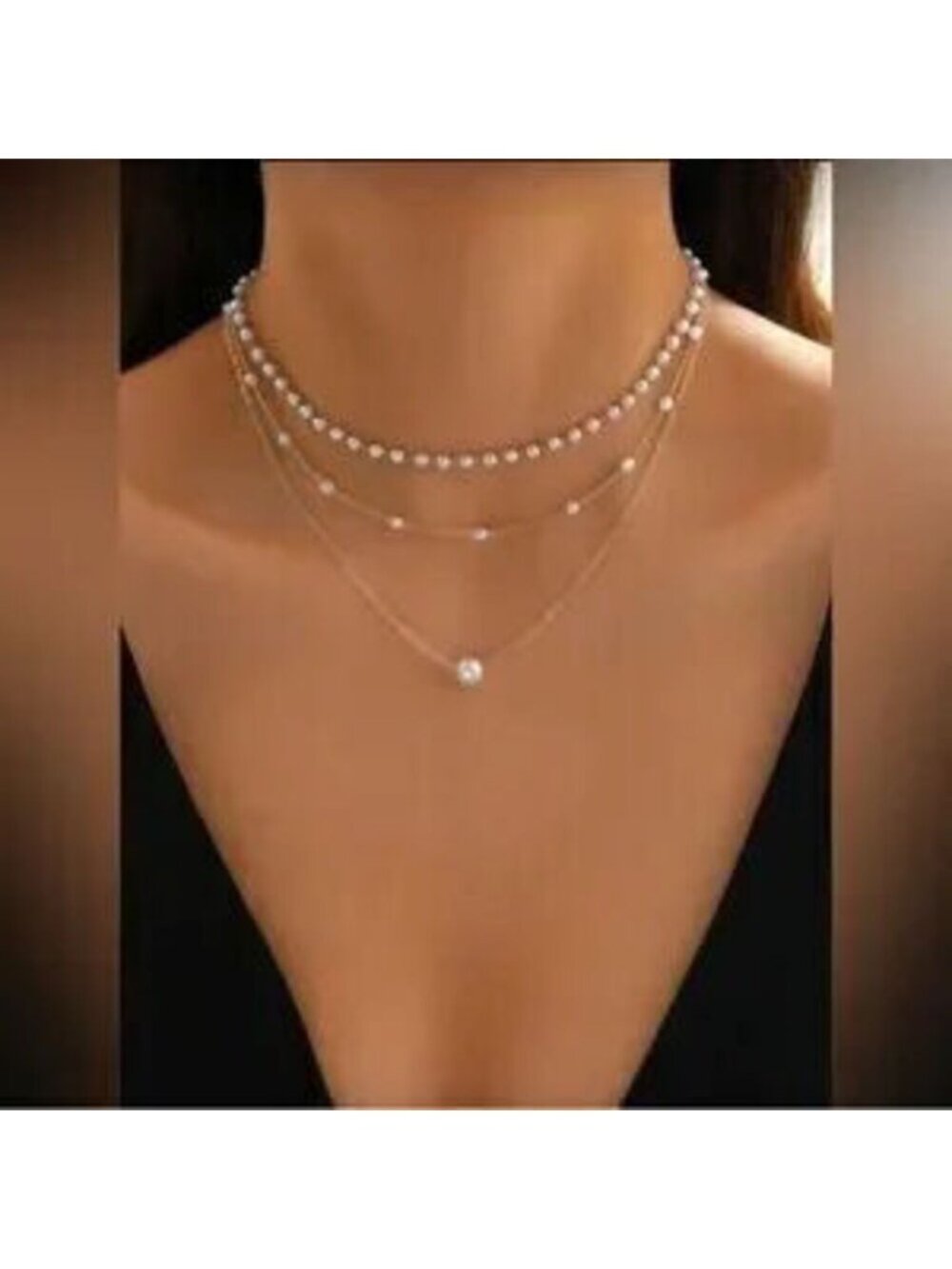 Gold 1pc Layered Pearl Chain Necklace - 3-Layer Dainty Gold Necklace